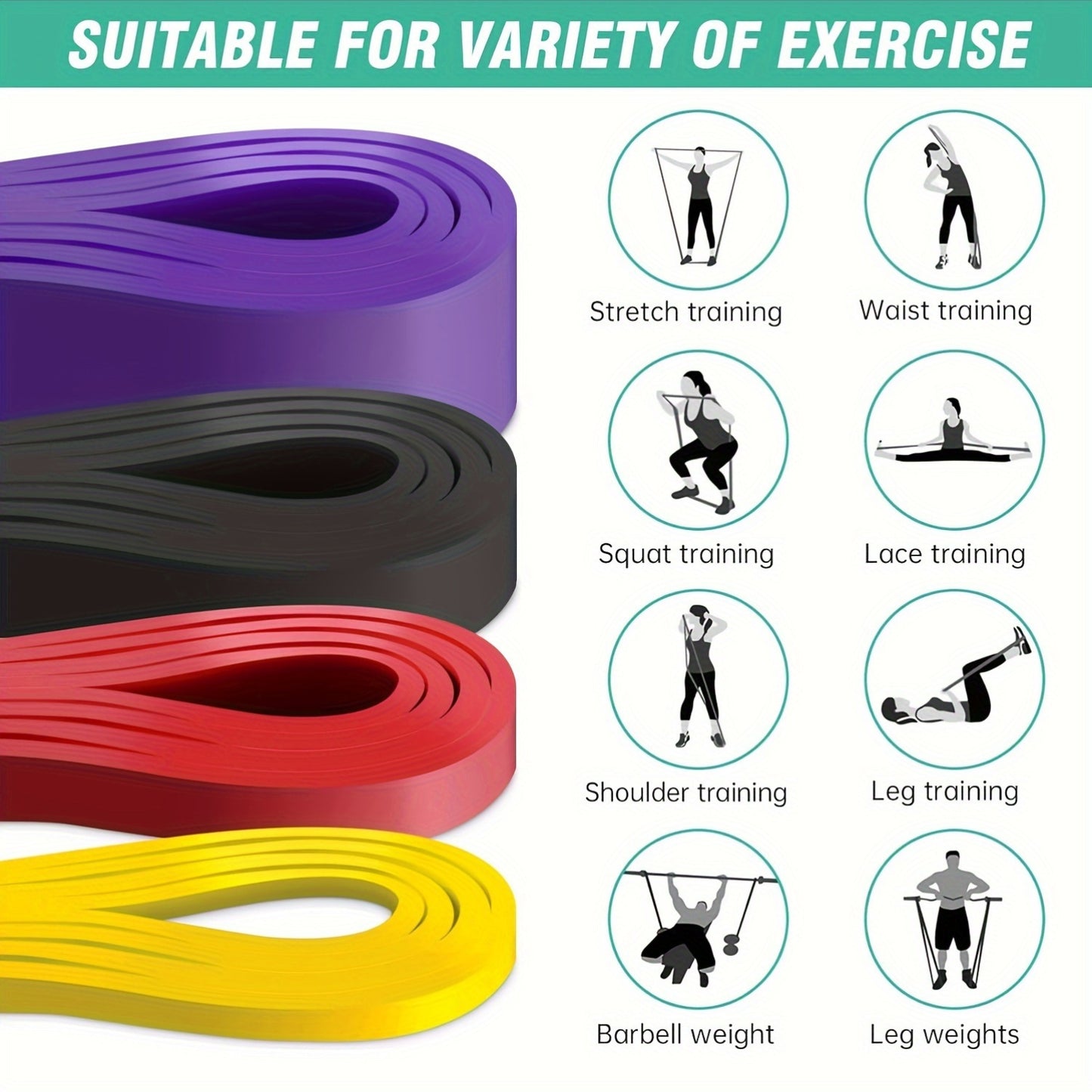 Lot de 4 bandes de résistance avec tension empilable – Bandes d'exercice et d'assistance aux tractions pour l'entraînement musculaire, le fitness, la mise en forme – Niveau de tension moyen, matériau TPE