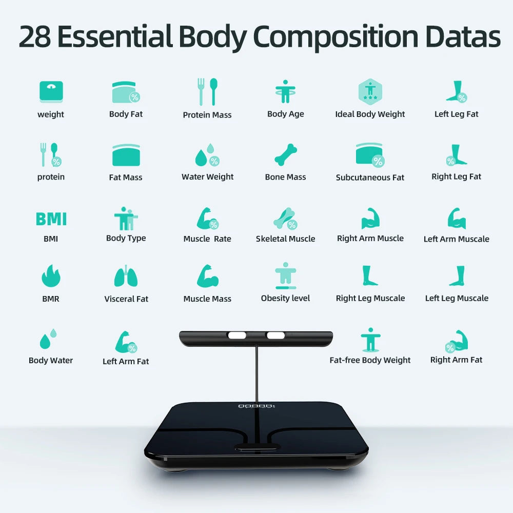 Balance intelligente de composition corporelle avec diffusion vocale – 8 électrodes – Balance professionnelle à impédance bioélectrique pour l’analyse de la masse corporelle