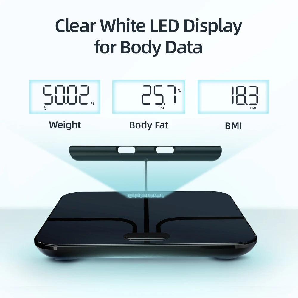 Balance intelligente de composition corporelle avec diffusion vocale – 8 électrodes – Balance professionnelle à impédance bioélectrique pour l’analyse de la masse corporelle
